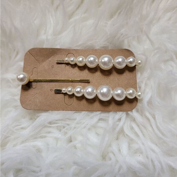 Set of 3 gold and pearl hair clips - Picture 1 of 2